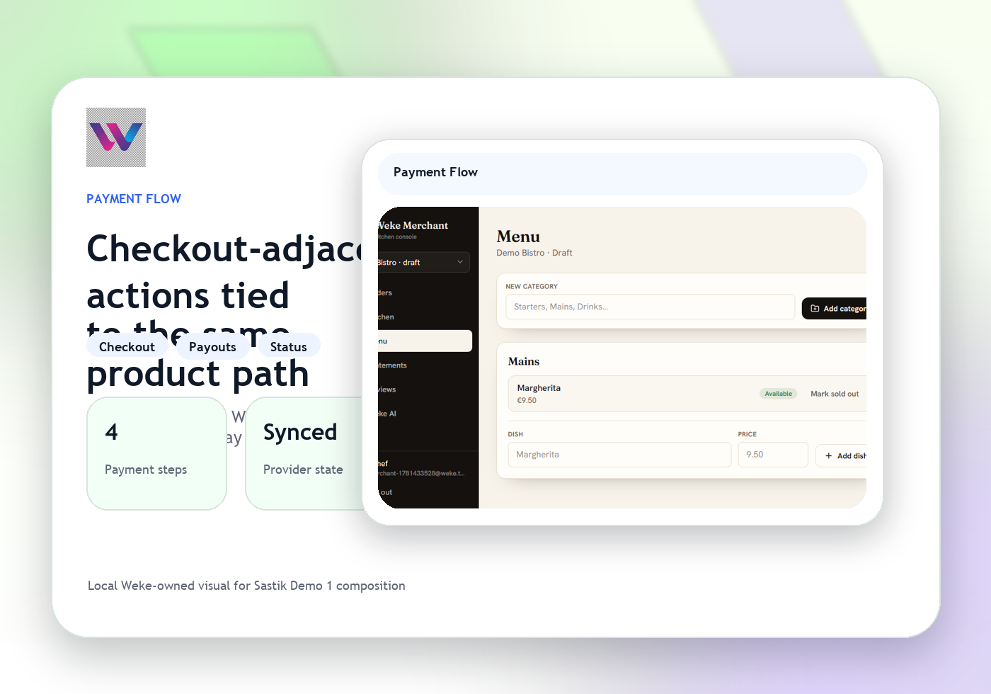 Weke Pay operations surface with checkout actions, settlement state, and confirmations.